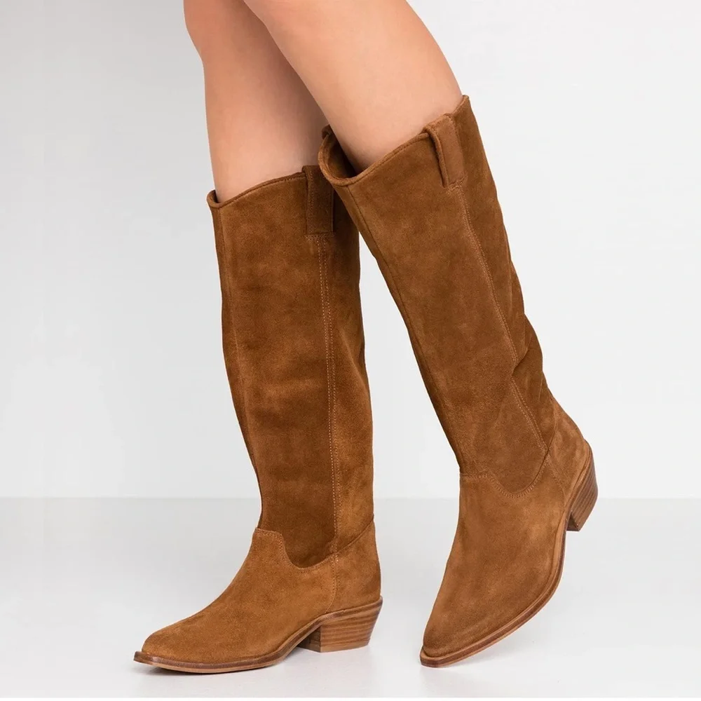 Low Stacked Slouchy Knee High Western Boots Pointed Square Toe Velvet Suede 1.5